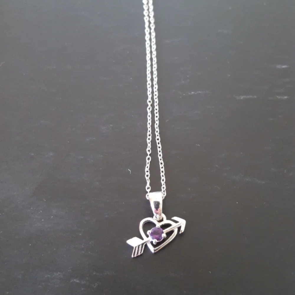 Girls Necklace small heart w arrow and purple stone